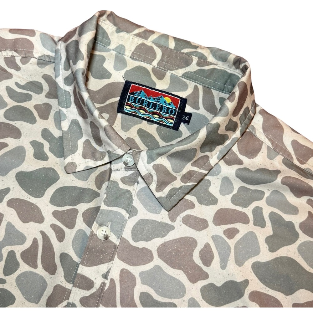 Burlebo Mens 2XL Retro Duck Camo Performance Short Sleeve Button Down Shirt Tan